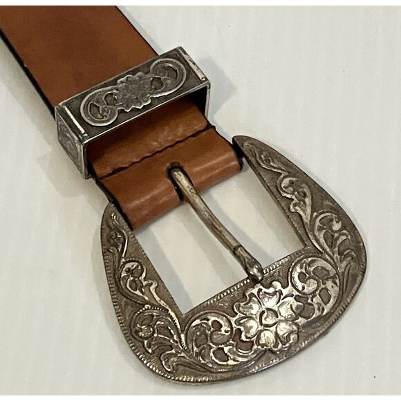 Silpada Brown Leather Belt Sz M Silver Tone Buckle Vintage Western Bling Italian - Picture 2 of 5